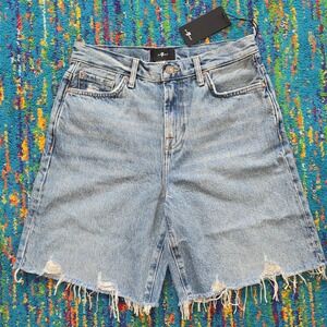 NWT 7 For All Mankind Lola Shorts Wave Light Blue Distressed‎ Denim Women 26